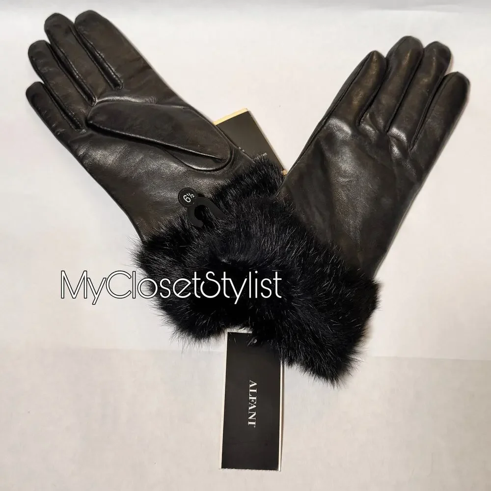 NWT Cashmere Lined Fur Trim Leather Gloves ALFANI LUXE Black! 6.5 LUXURY LINE